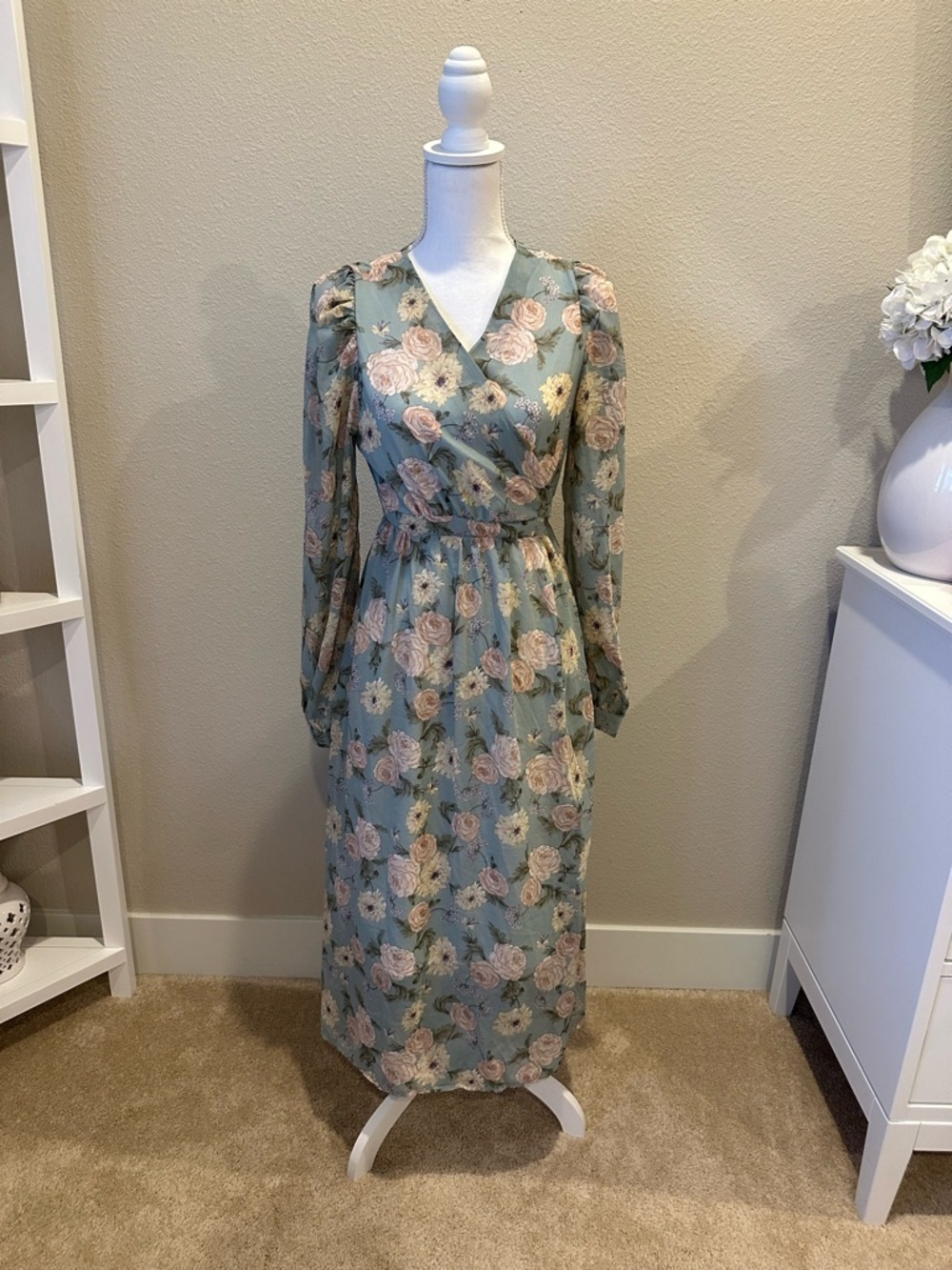 Chicwish Dusty Blue Floral Wrap Maxi Dress with Blush Roses